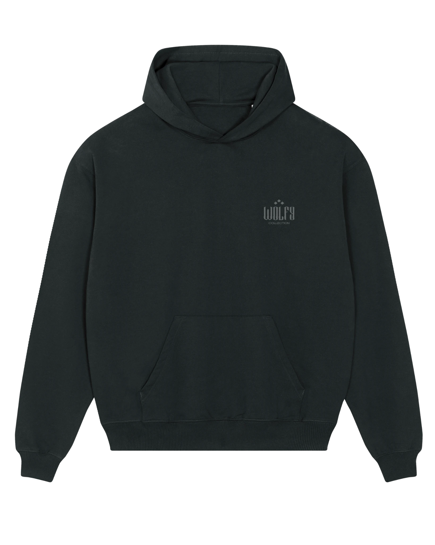 Black seeing moth hoodie flat lay, front view