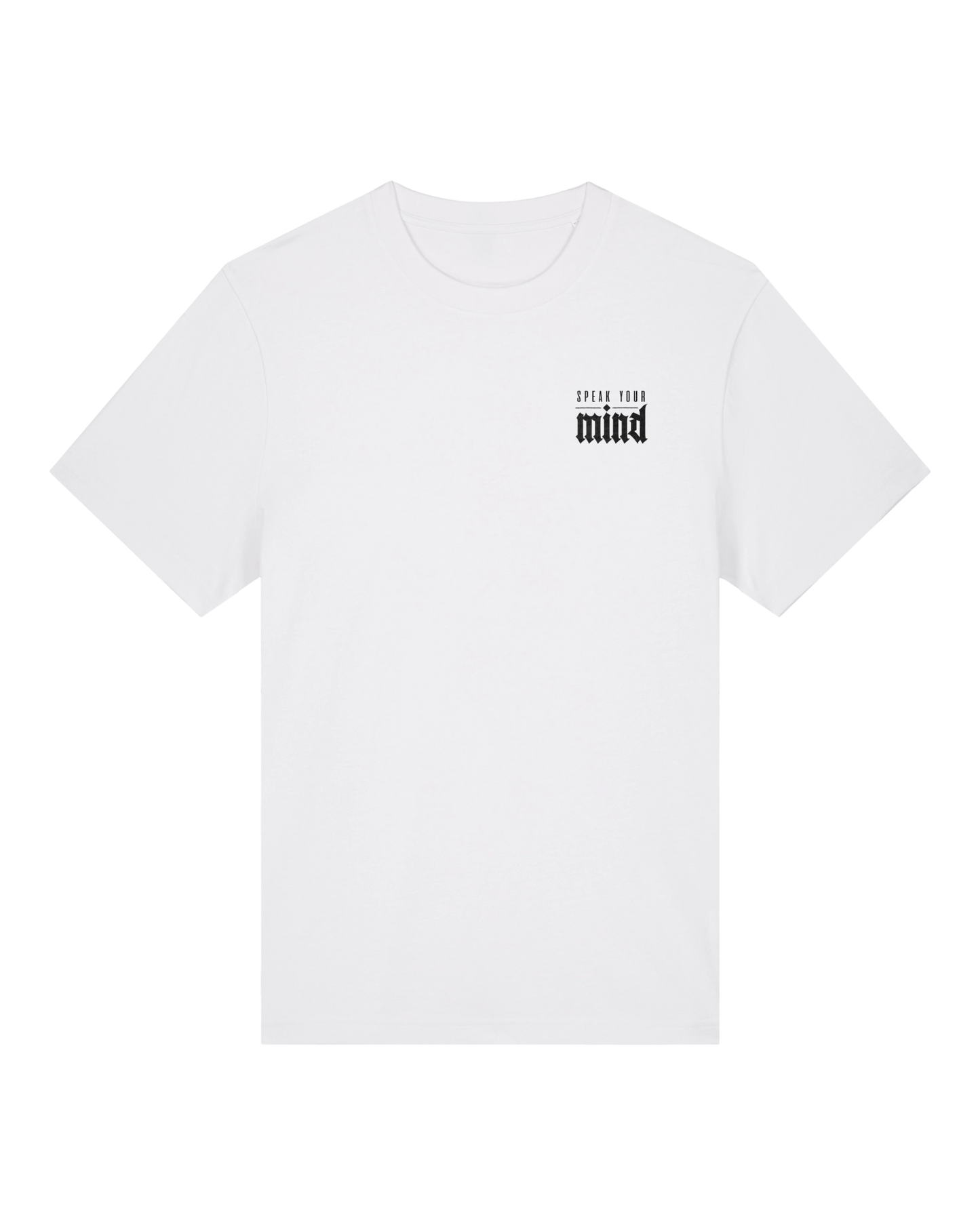 White speak your mind tee flat lay, front view