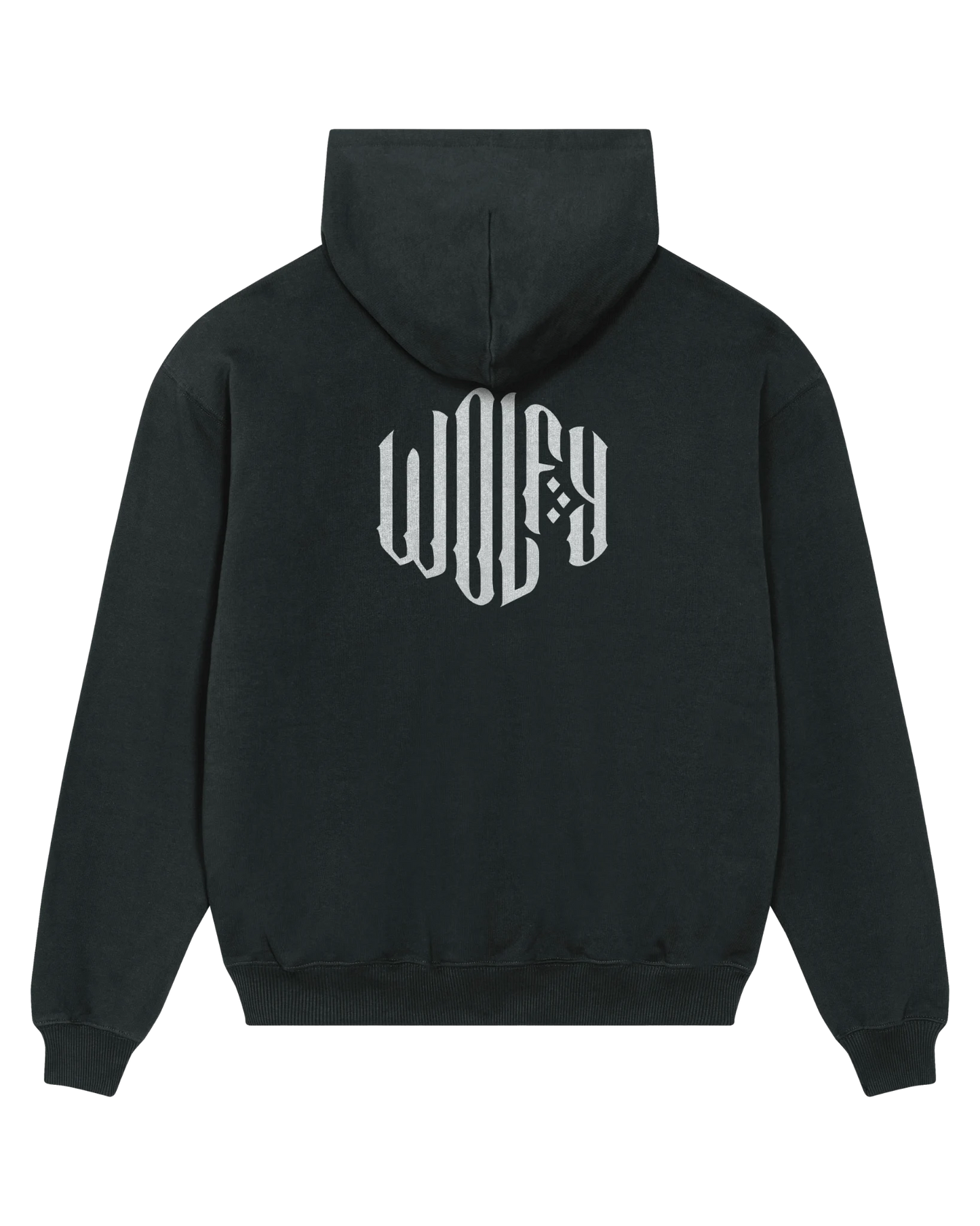 Black creative logo hoodie flat lay, back view