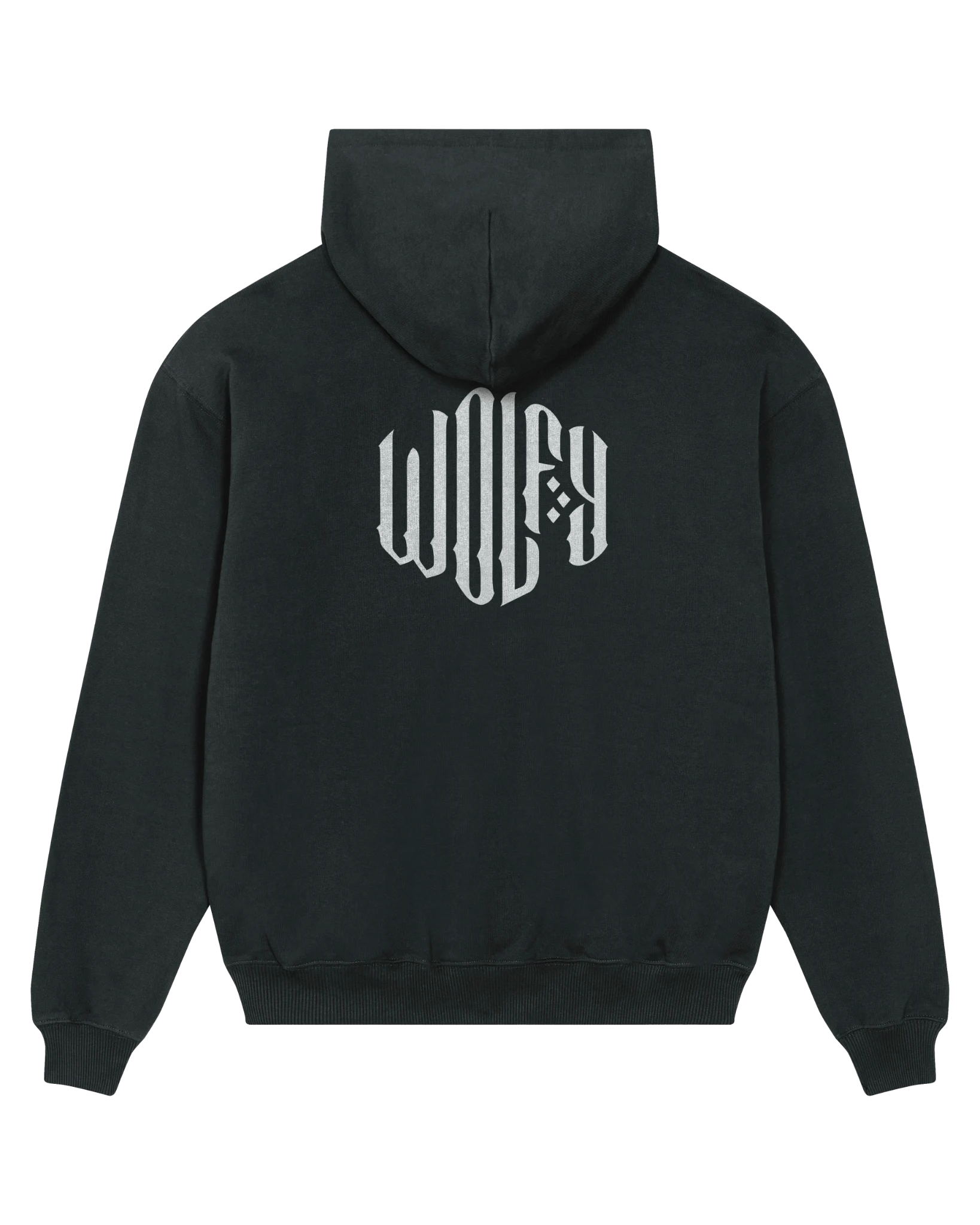 Black creative logo hoodie flat lay, back view