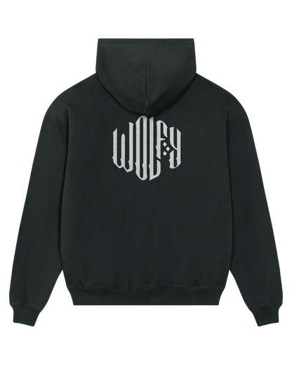 Black creative logo hoodie flat lay, back view