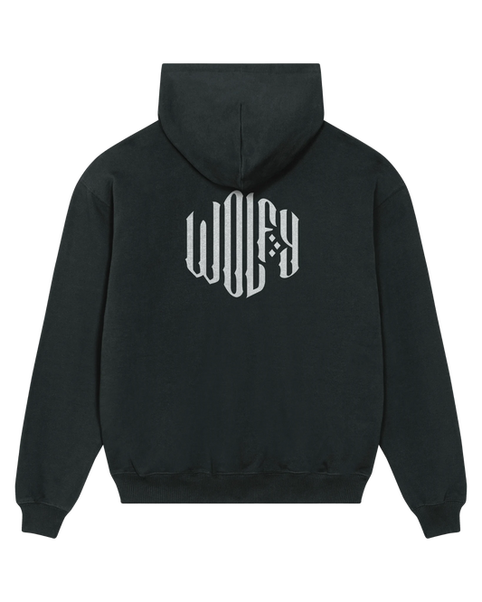 Black creative logo hoodie flat lay, back view