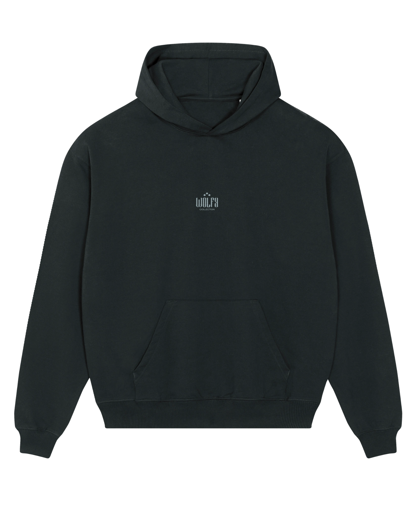Black creative logo hoodie flat lay, front view