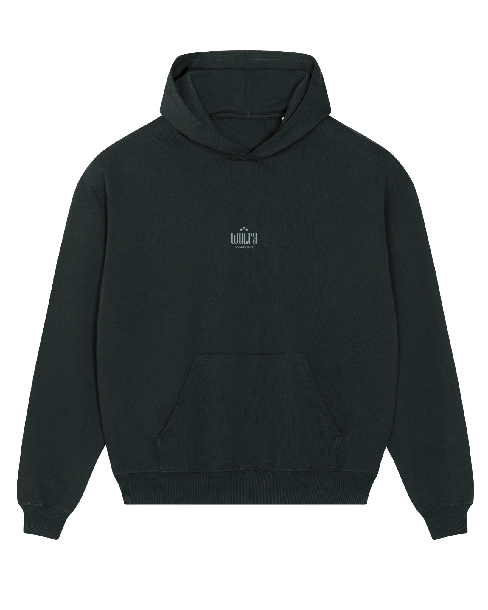Black creative logo hoodie flat lay, front view