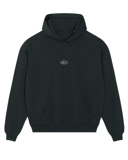 Black creative logo hoodie flat lay, front view