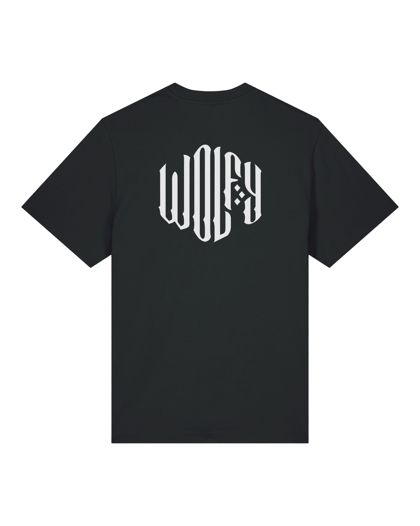 Black creative logo tee flat lay, back view