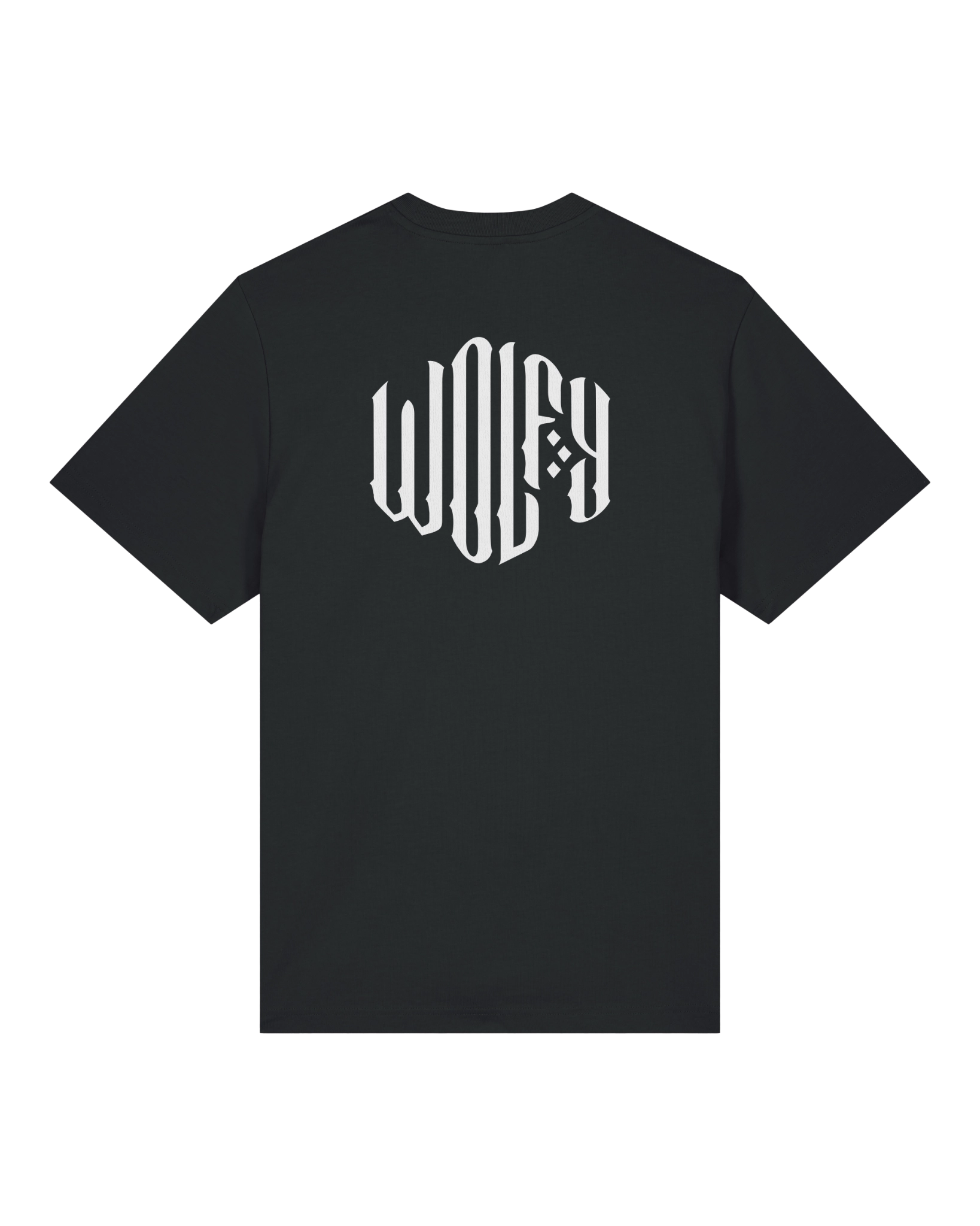 Black creative logo tee flat lay, back view