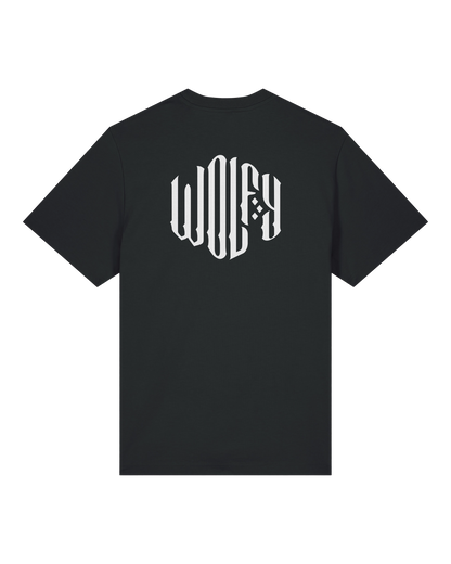 Black creative logo tee flat lay, back view