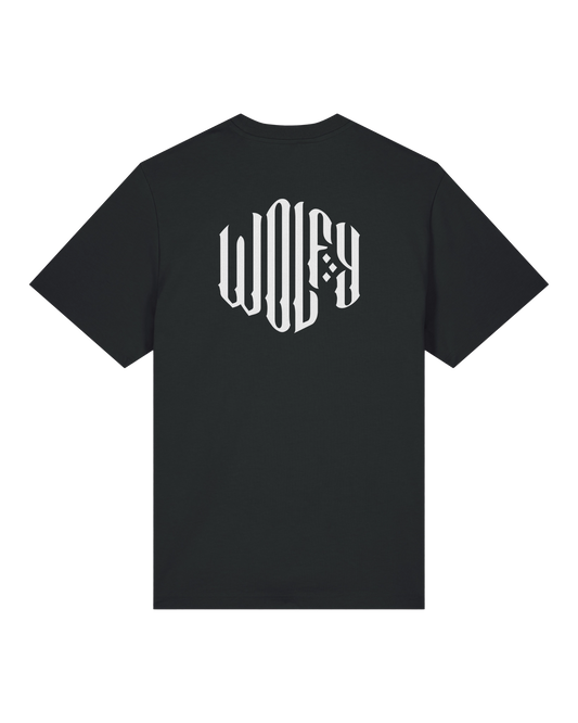 Black creative logo tee flat lay, back view