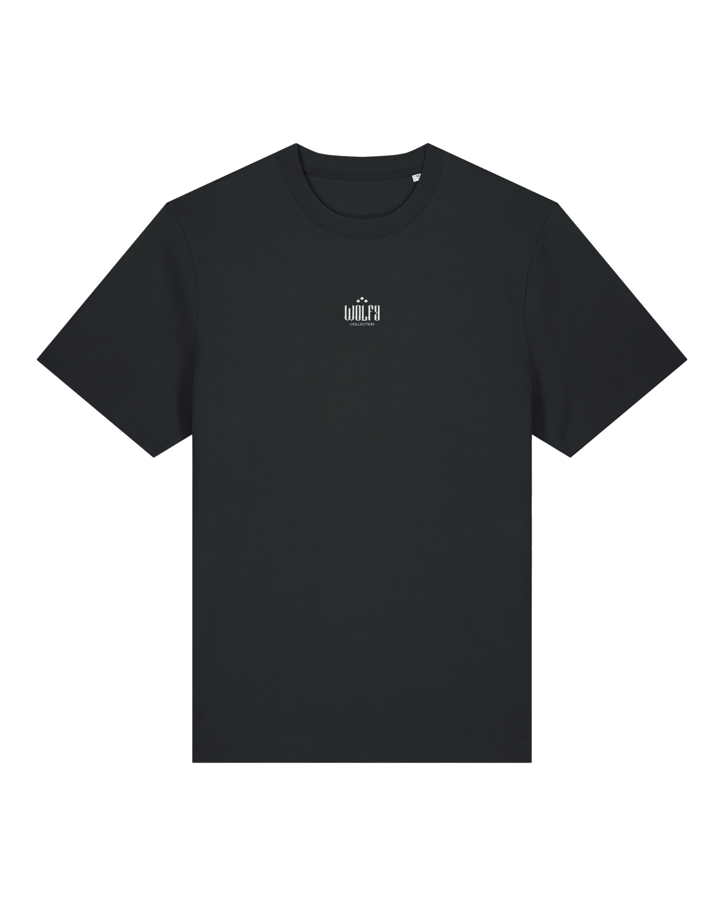 Black creative logo tee flat lay, front view
