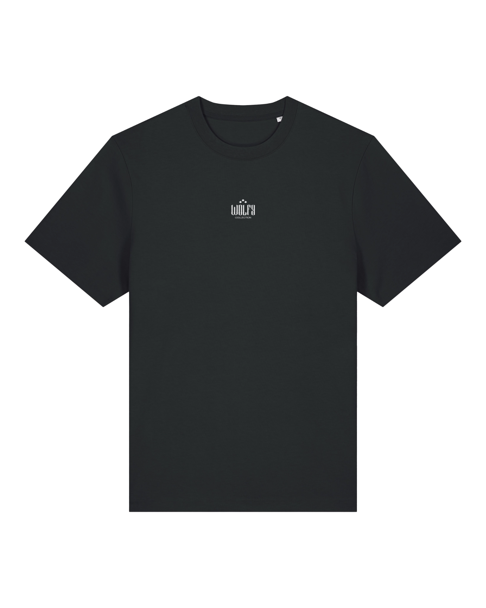 Black creative logo tee flat lay, front view