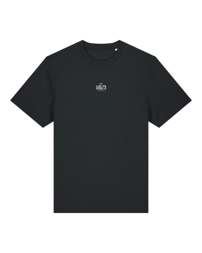 Black creative logo tee flat lay, front view