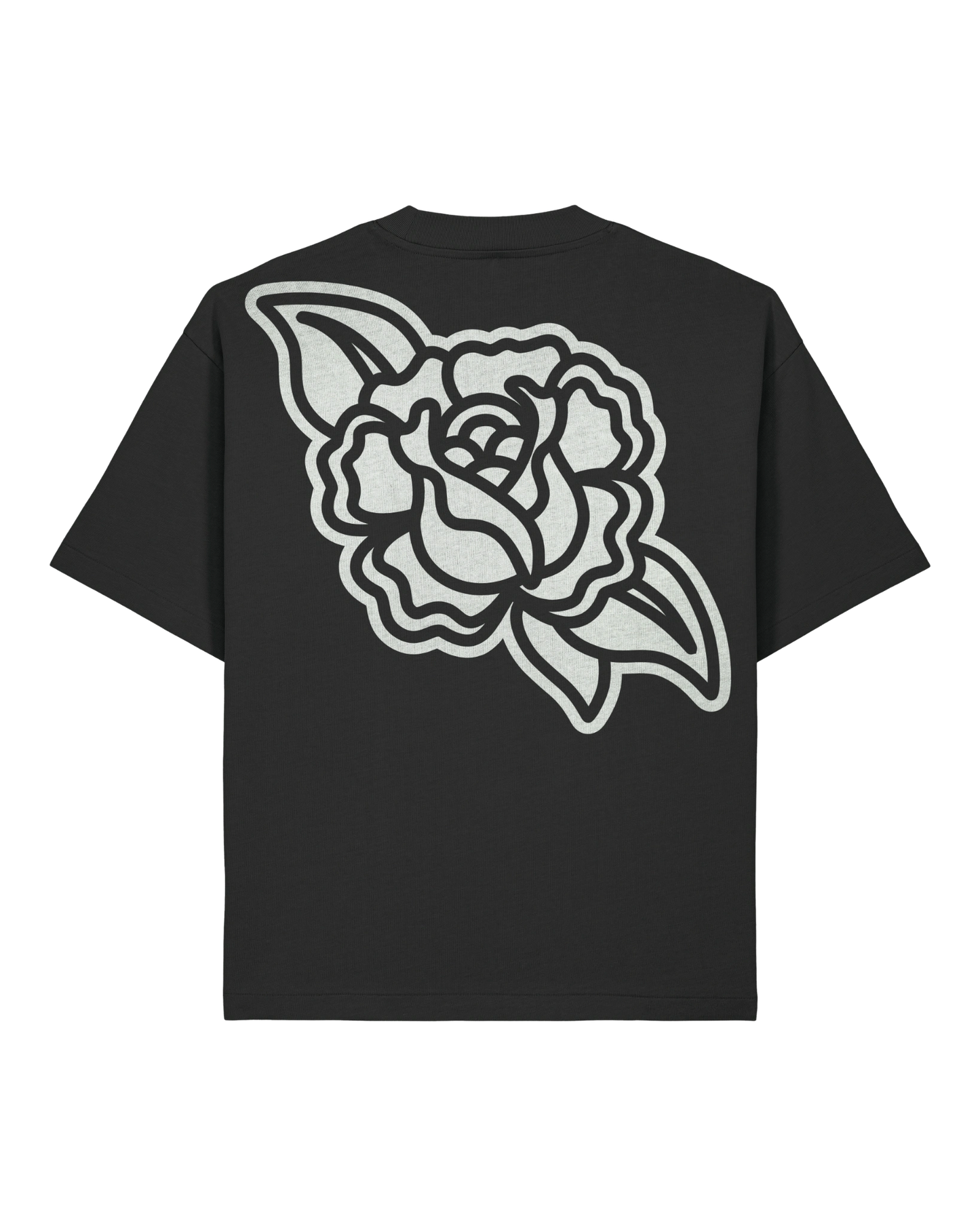 Black rose boxy tee flat lay, back view