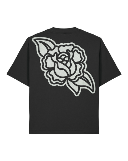 Black rose boxy tee flat lay, back view