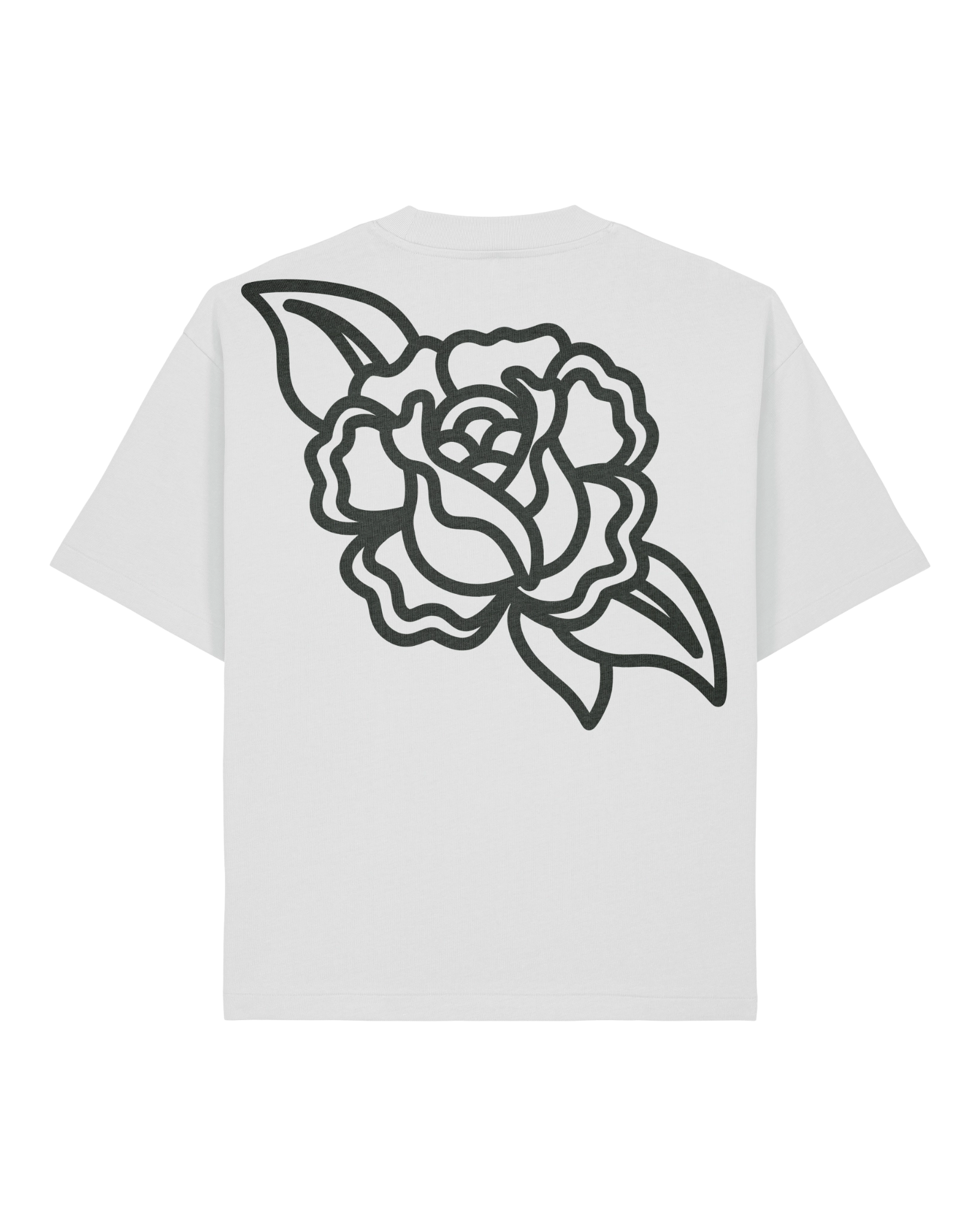 White rose boxy tee flat lay, back view