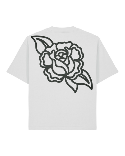 White rose boxy tee flat lay, back view
