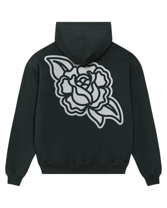Black rose hoodie flat lay, back view