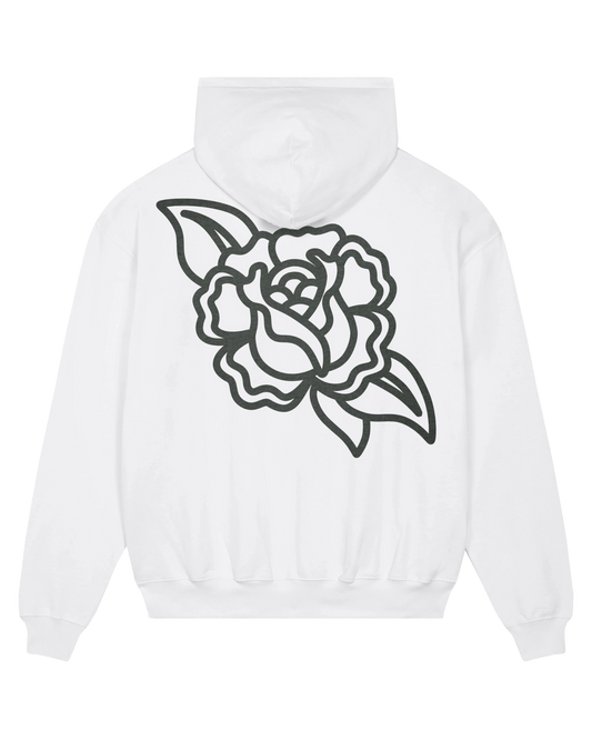 White rose hoodie flat lay, back view