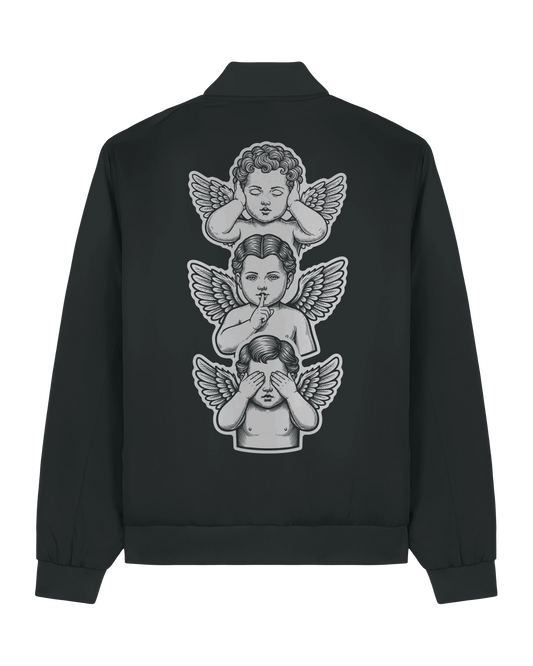 Back view of black see no evil bomber jacket flat lay