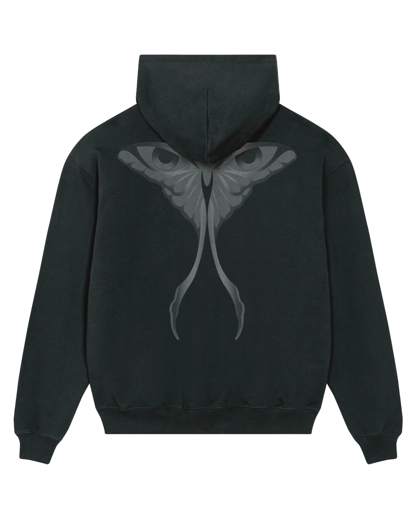 Black seeing moth hoodie flat lay, back view