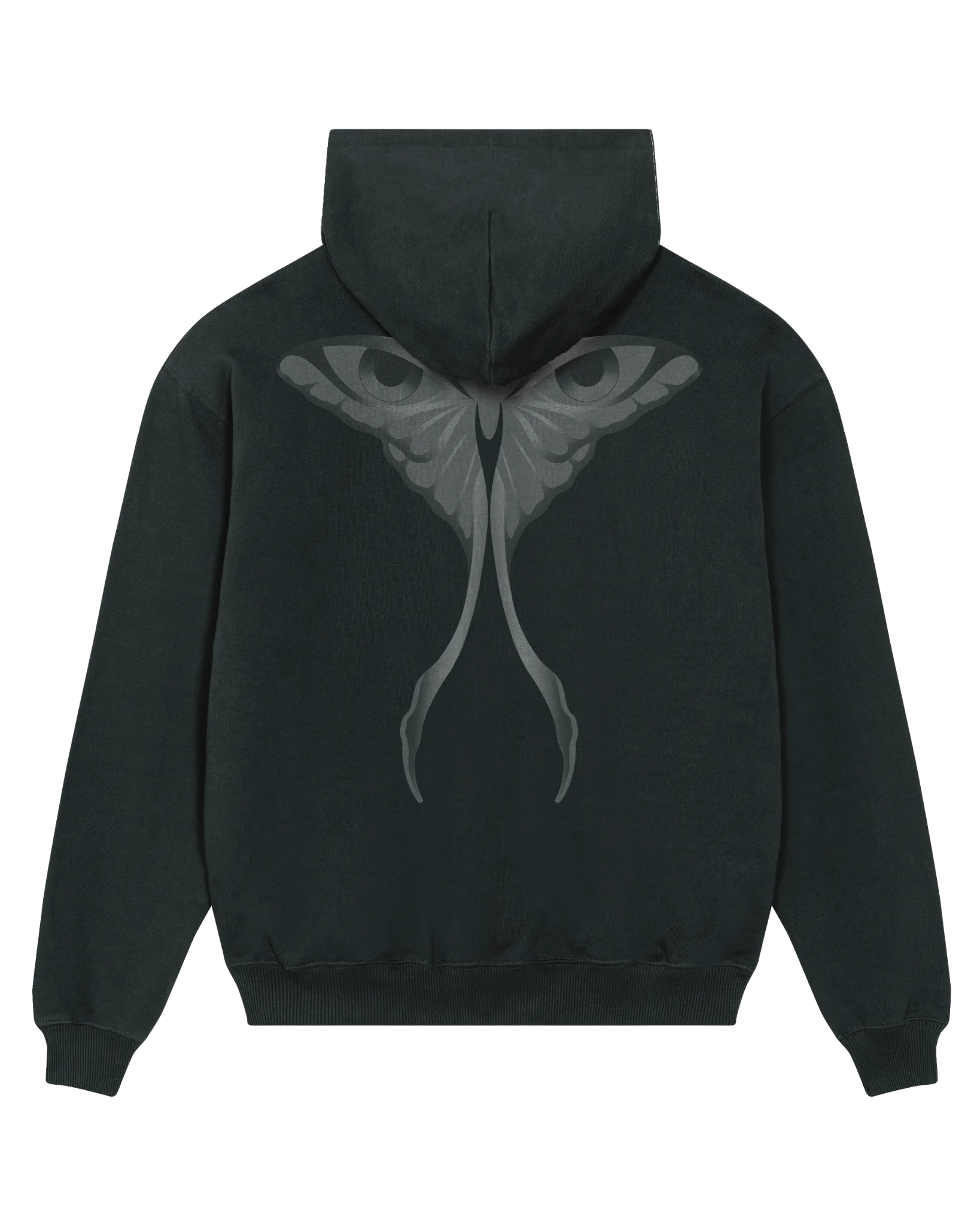 Black seeing moth hoodie flat lay, back view