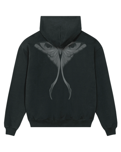 Black seeing moth hoodie flat lay, back view
