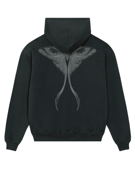 Black seeing moth hoodie flat lay, back view