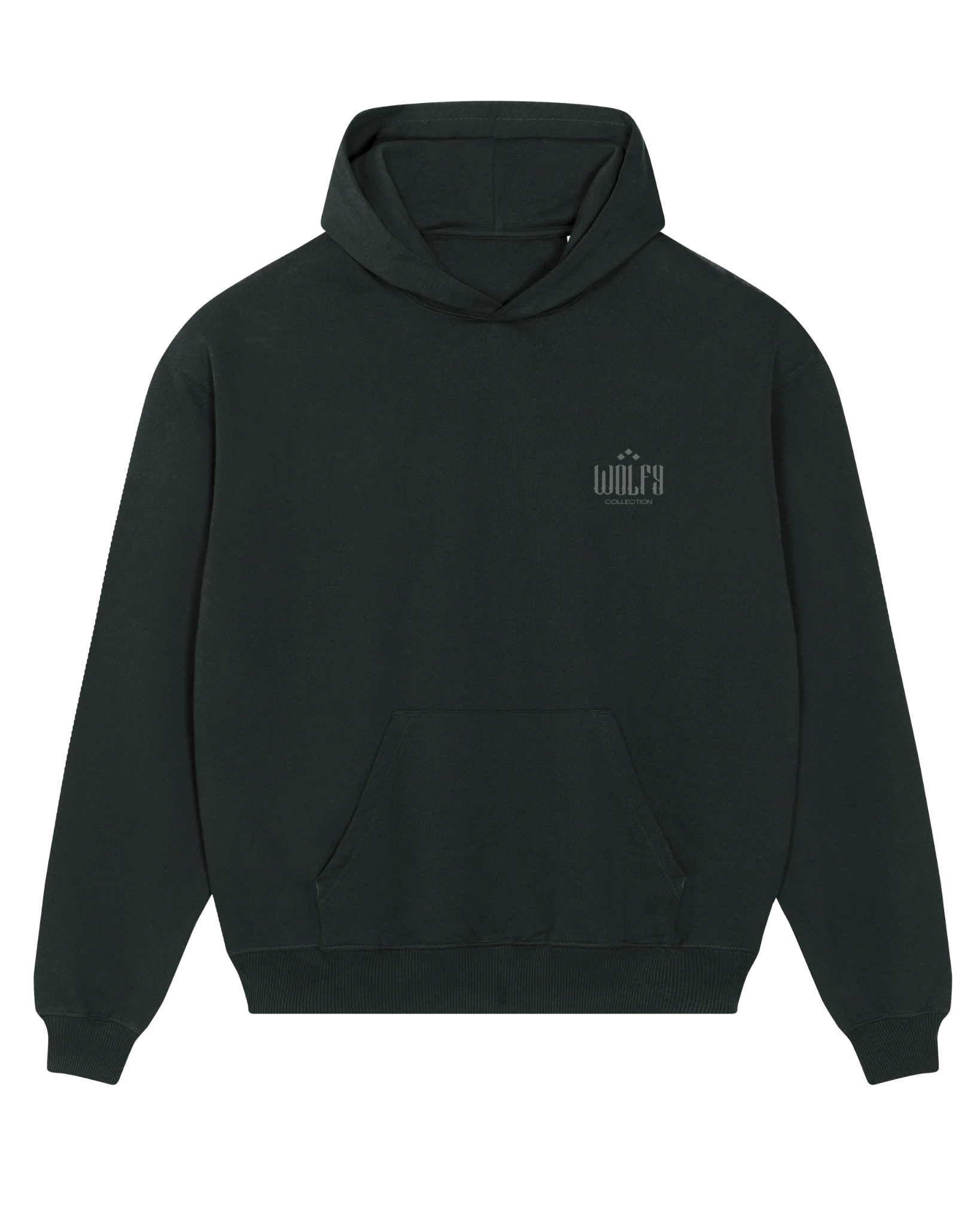 Black seeing moth hoodie flat lay, front view