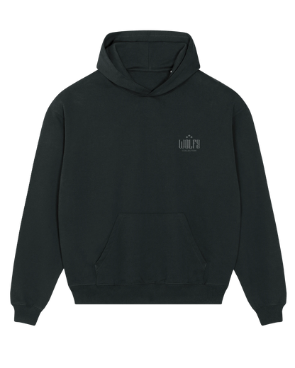 Black seeing moth hoodie flat lay, front view