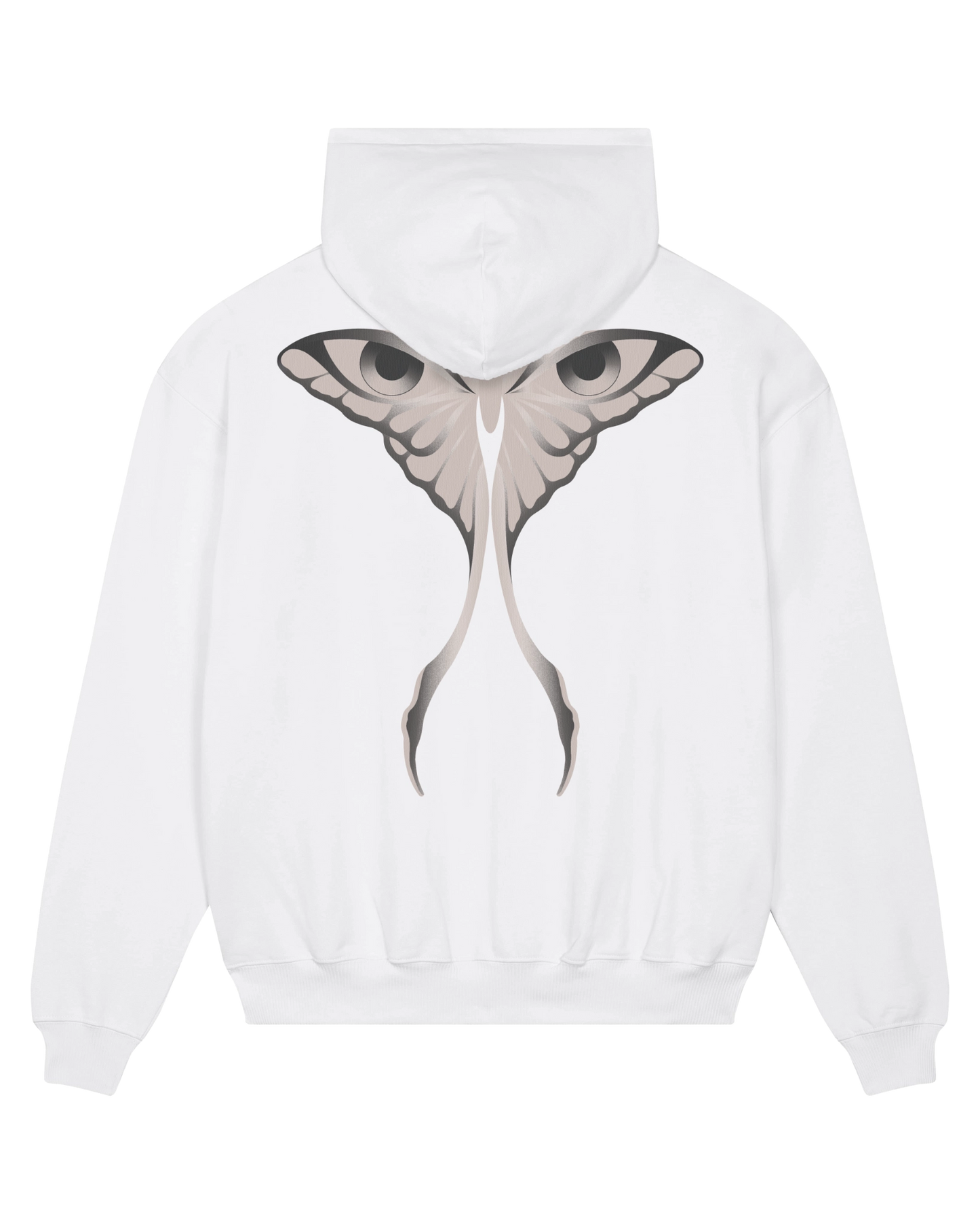 White seeing moth hoodie flat lay, back view
