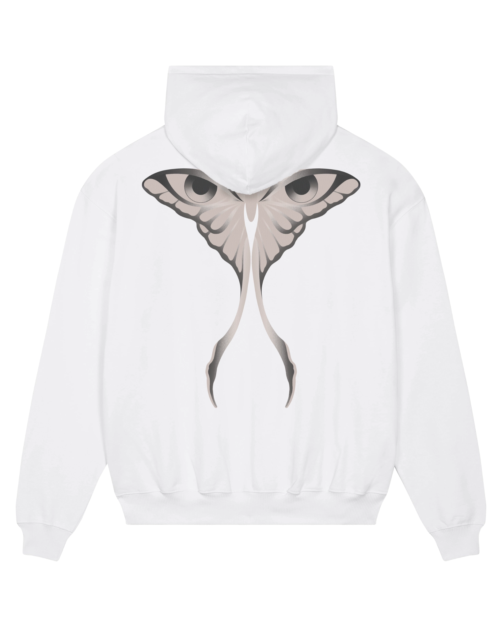 White seeing moth hoodie flat lay, back view