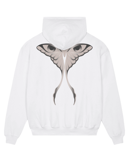 White seeing moth hoodie flat lay, back view
