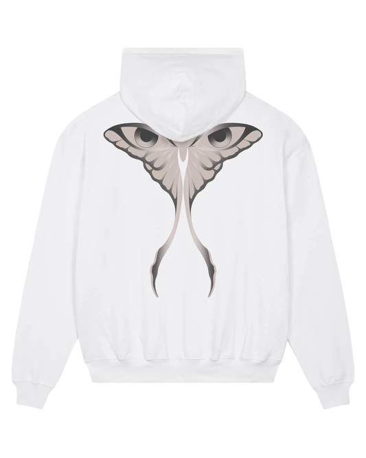 White seeing moth hoodie flat lay, back view