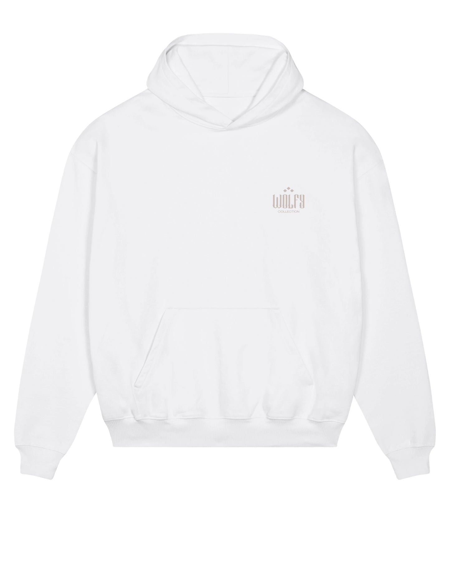 White seeing moth hoodie flat lay, front view