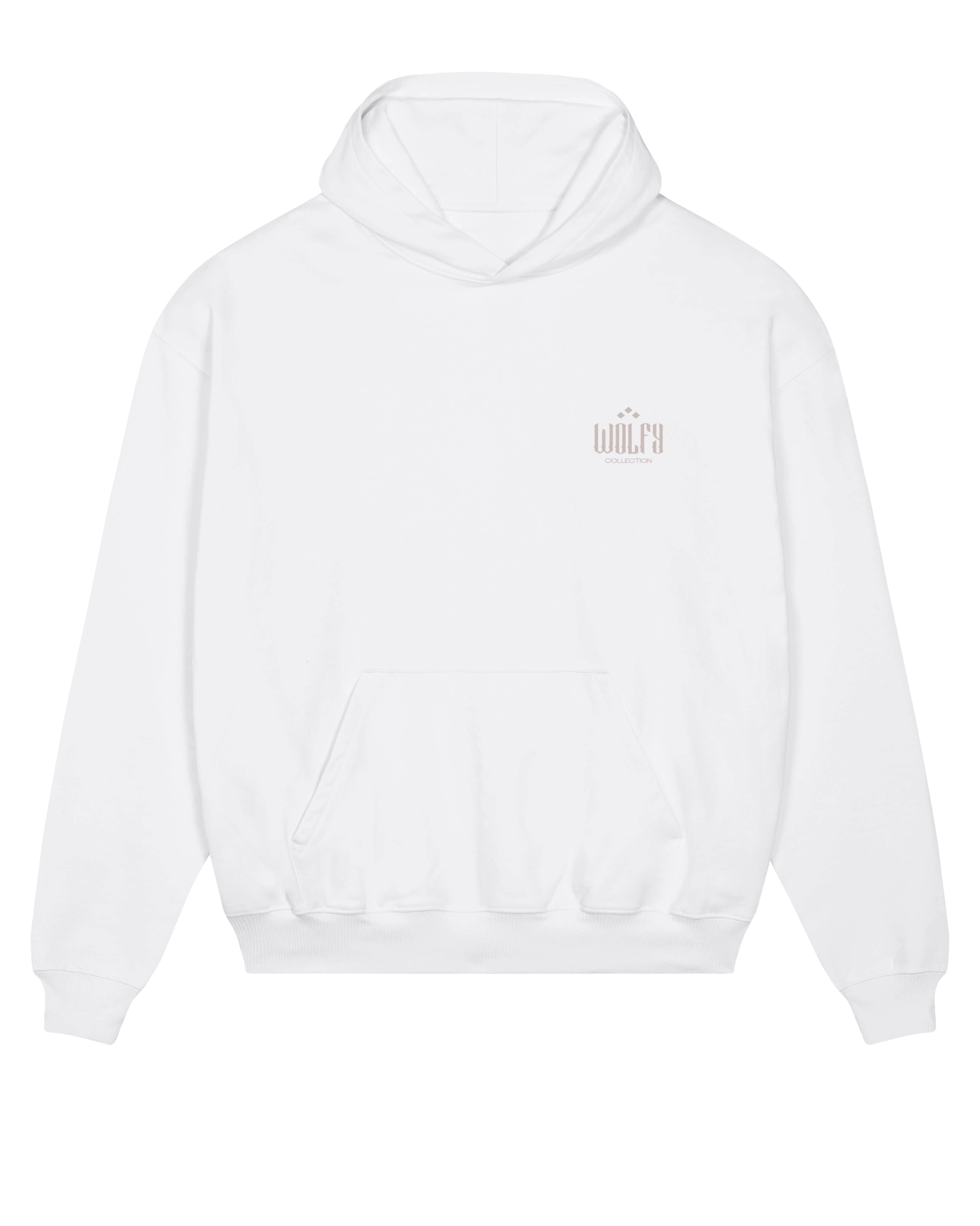 White seeing moth hoodie flat lay, front view
