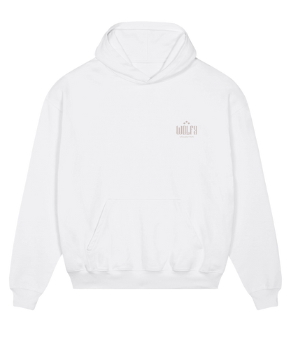 White seeing moth hoodie flat lay, front view