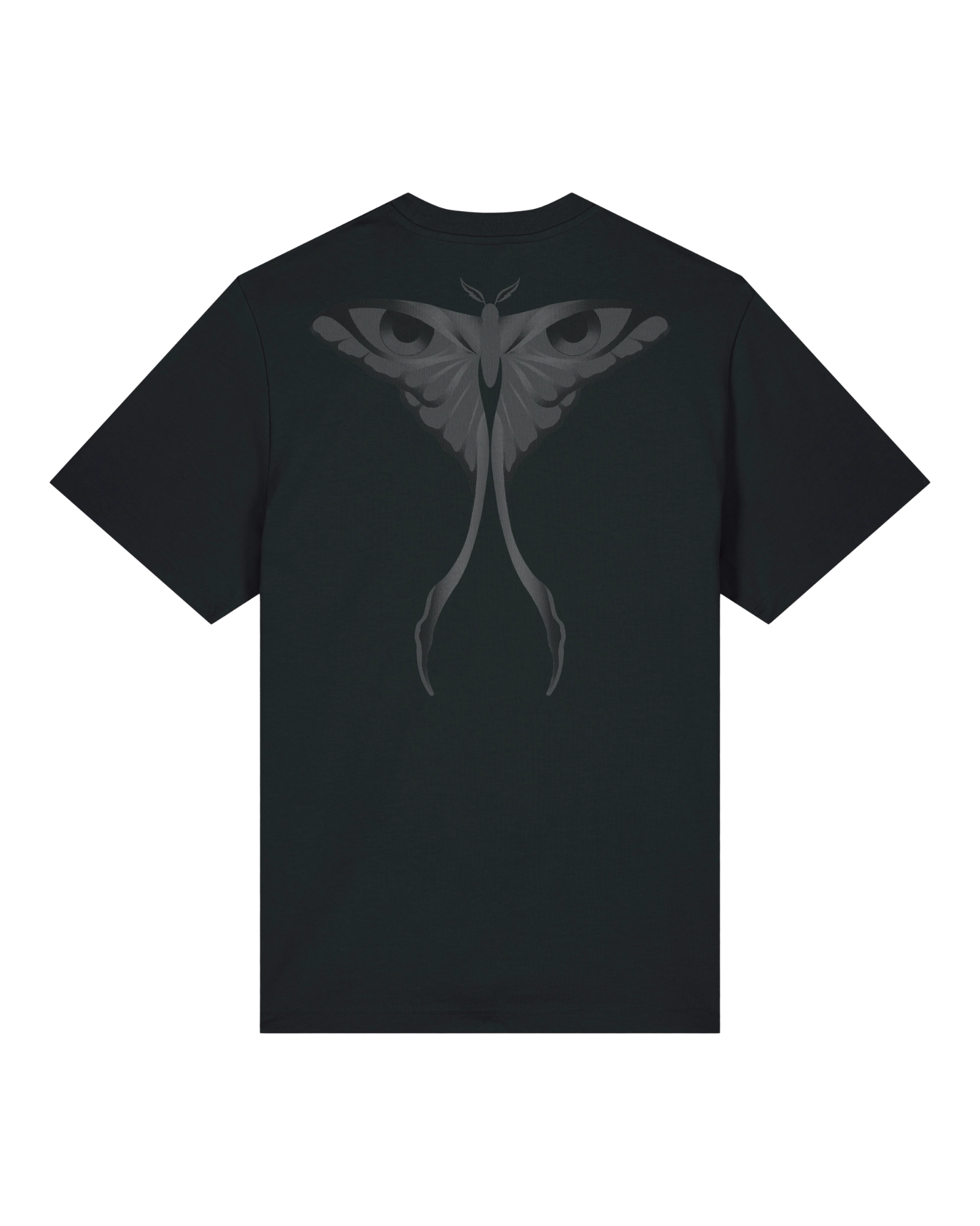 Black seeing moth tee flat lay, back view