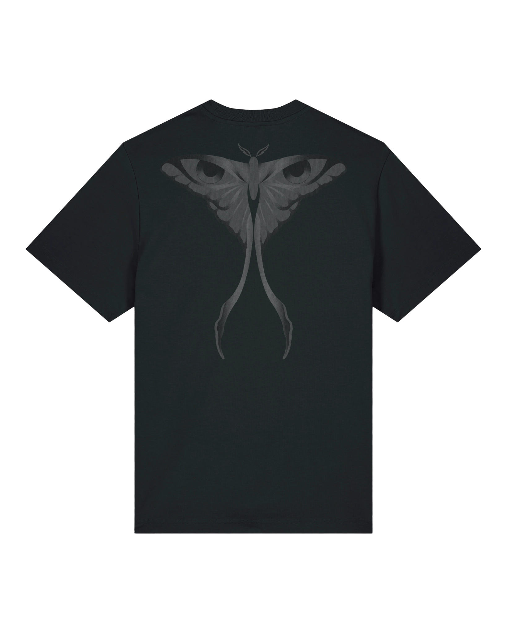 Black seeing moth tee flat lay, back view