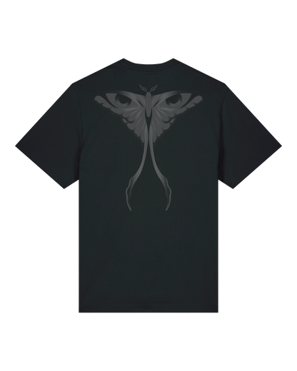 Black seeing moth tee flat lay, back view