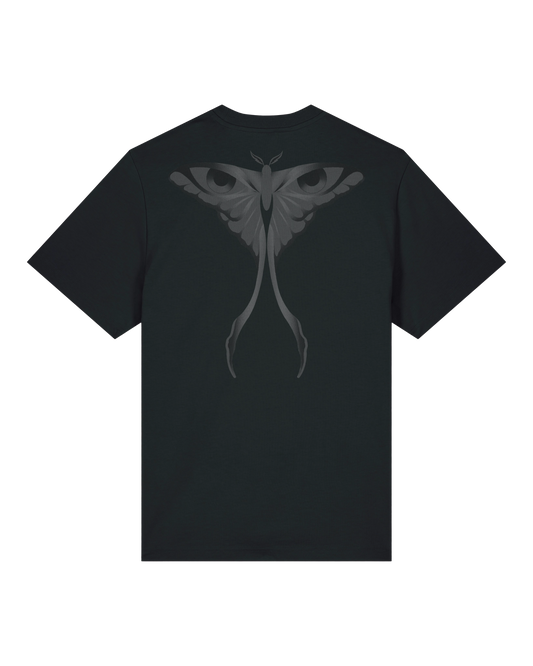 Black seeing moth tee flat lay, back view