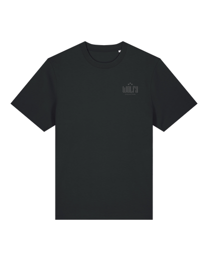 Black seeing moth tee flat lay, front view