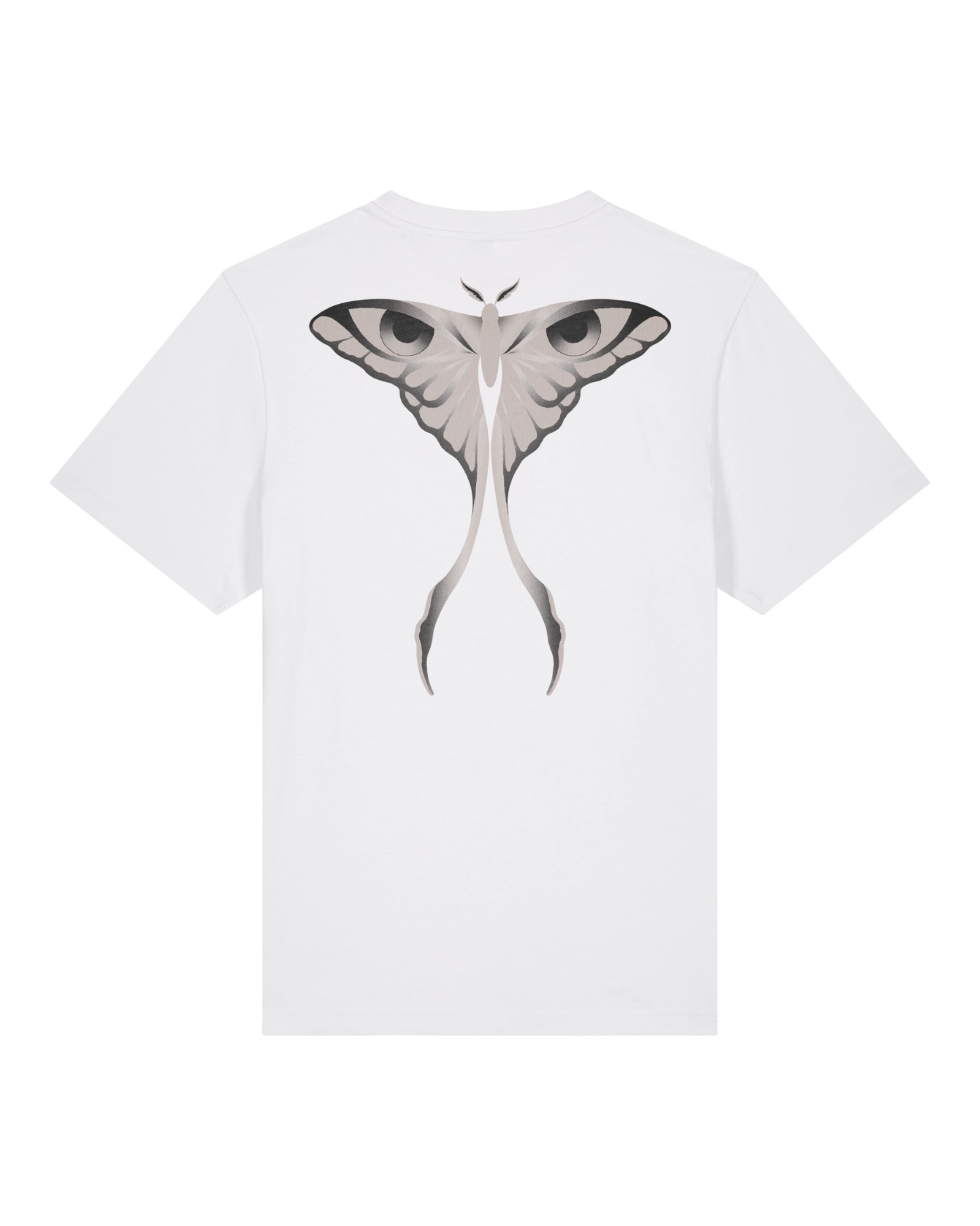 White seeing moth tee flat lay, back view