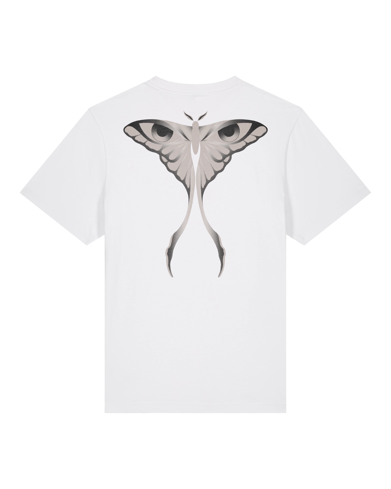 White seeing moth tee flat lay, back view