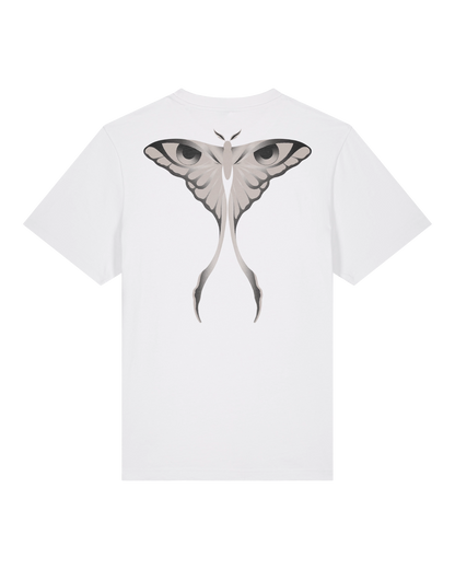 White seeing moth tee flat lay, back view