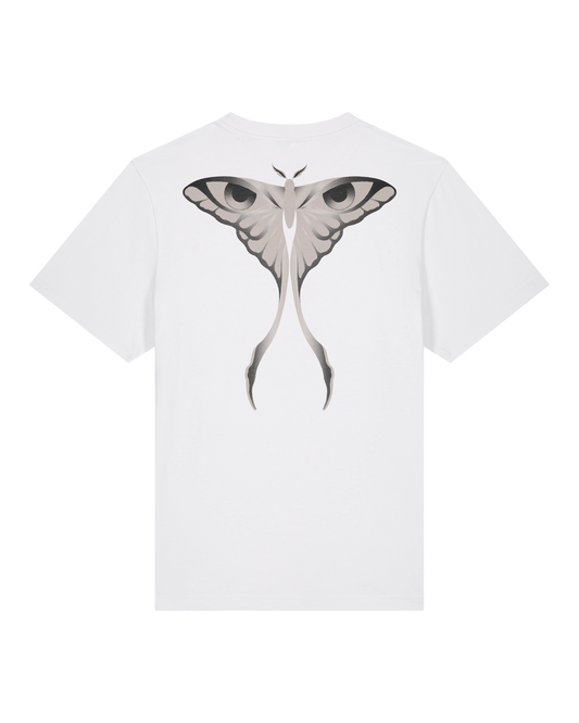 White seeing moth tee flat lay, back view