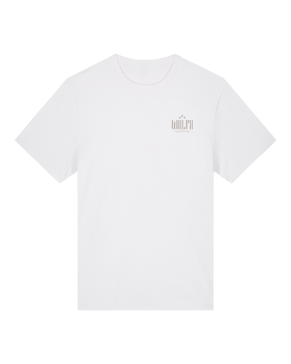 White seeing moth tee flat lay, front view