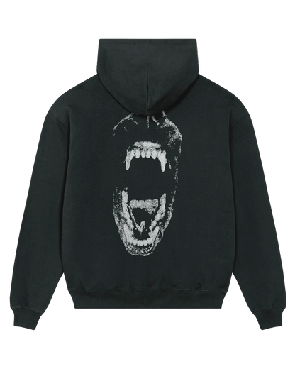 Black speak your mind hoodie flat lay, back view