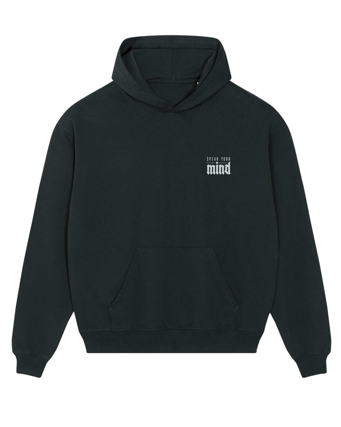 Black speak your mind hoodie flat lay, front view