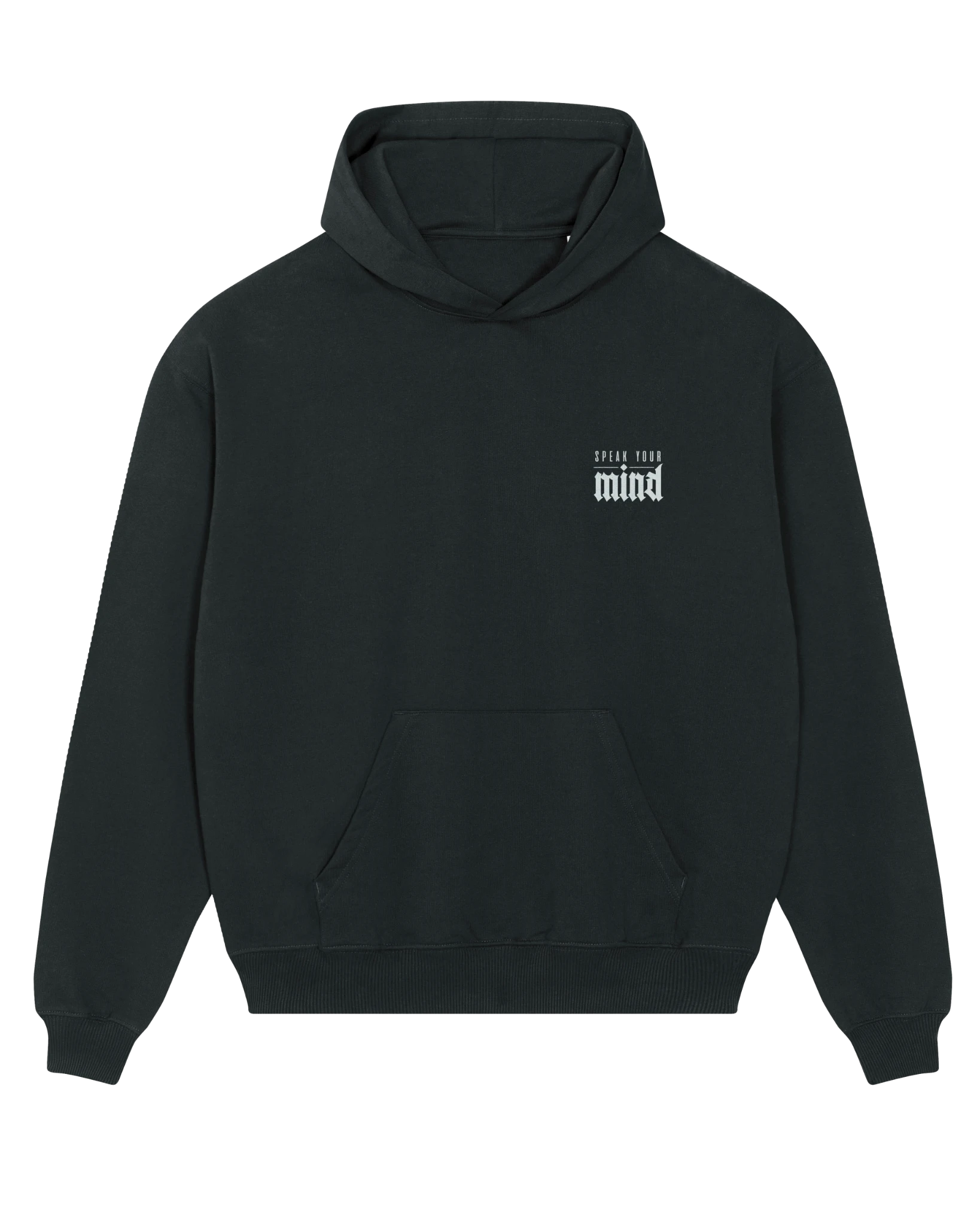Black speak your mind hoodie flat lay, front view