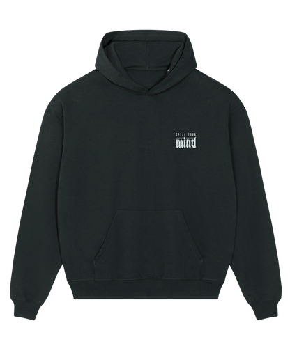 Black speak your mind hoodie flat lay, front view